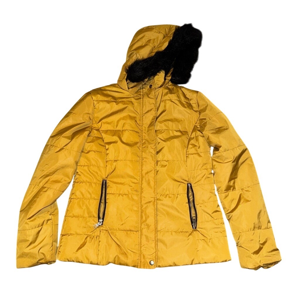 Fashion Nova Mustard Yellow Puffer Jacket FauxFur Hood Women Medium Quilted Coat